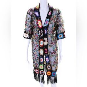 Floral Embroidered Sheer mesh crochet Kimono duster hippie free people concert
